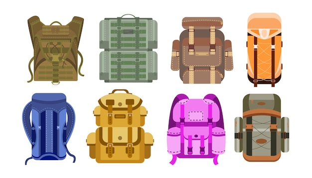 Various camping and hiking backpacks cartoon illustration set. Bags, knapsack, packs, case for journey, trip, adventure and traveling isolated on white background.  Luggage, carryon concept