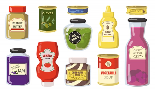 Various canned goods from supermarket flat set