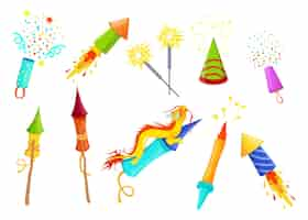 Free vector various colorful firecrackers flat item set