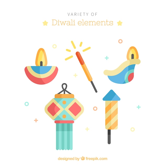 Free vector various diwali elements in flat design