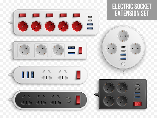 Free Vector various electric socket extension cord realistic set at transparent background isolated vector illustration