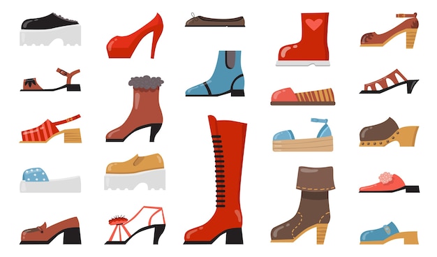 Various fashionable footwear flat icon set. Cartoon stylish elegant and casual shoes, seasonal boots, summer sandals isolated vector illustration collection.