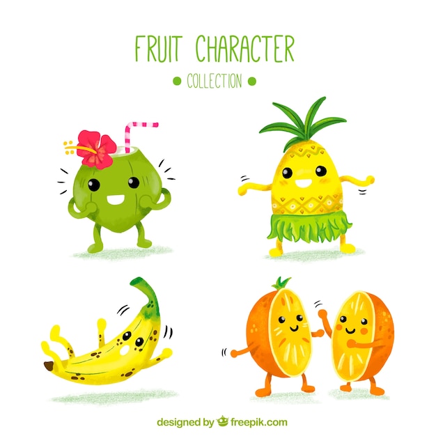 Free vector various fruit characters in watercolor style