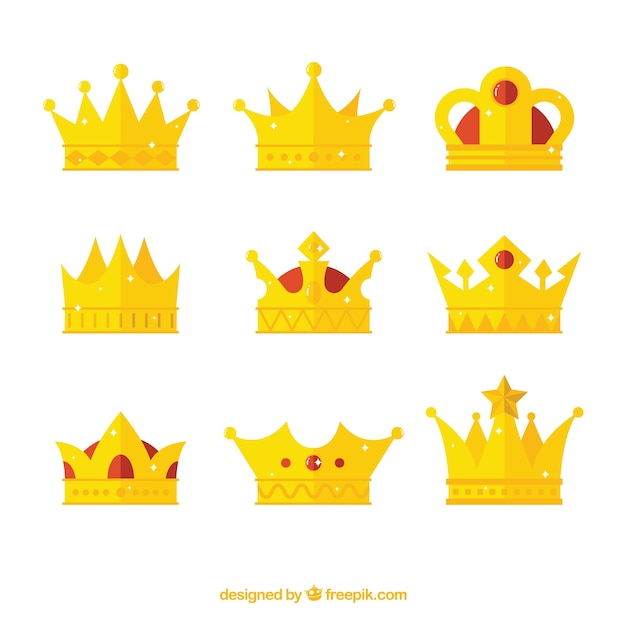 Various gold crowns in flat design