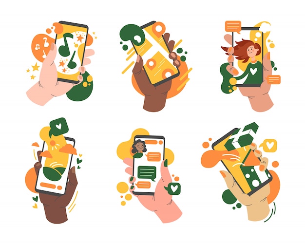 Various hands holding smartphones with app set