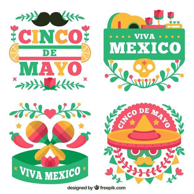 Various mexican party stickers in flat design