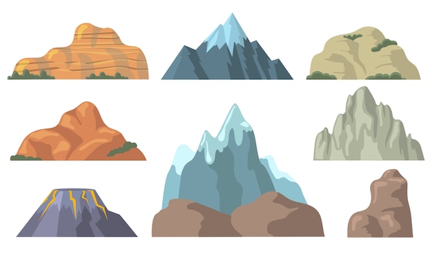 Various mountain peaks flat icon set. Cartoon shapes of rocky hill, snowy promontory top, rock, volcano isolated vector illustration collection.