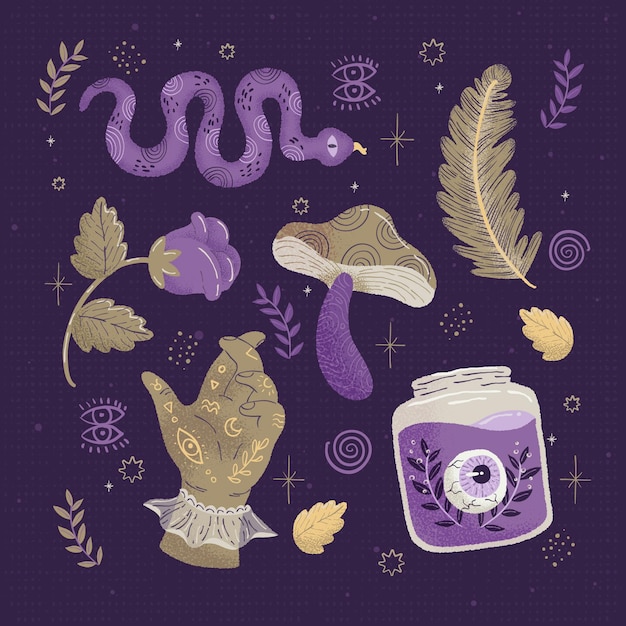 Free vector various natural plants and snake esoteric elements