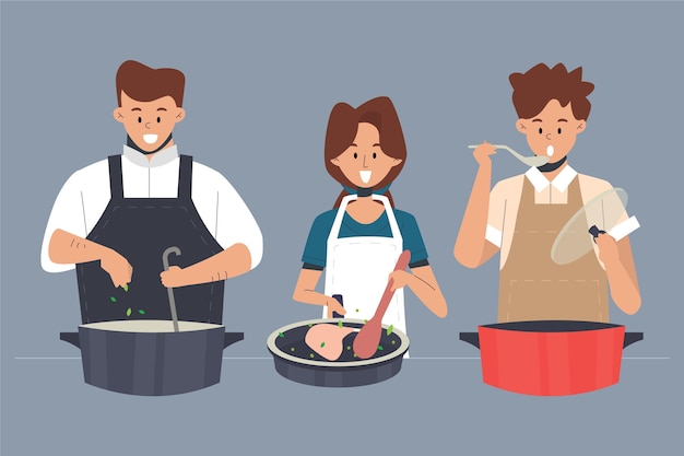 Free Vector various people cooking isolated on blue background