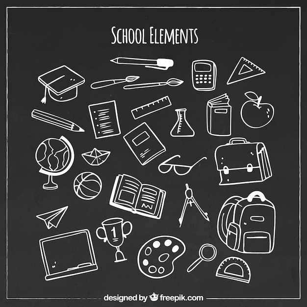 Various school elements in blackboard style