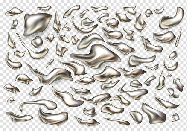 Various size and shape liquid metal, precious alloy, melted silver drops 3d realistic vector set