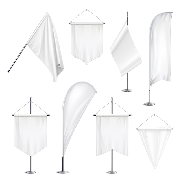 Free vector various sizes shapes pennants banners flags  white blank hanging and on pole stands realistic set  illustration