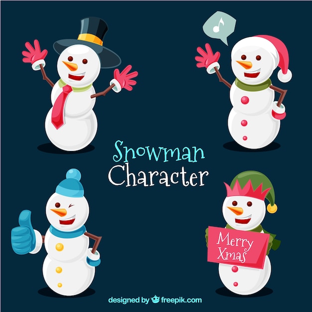 Free vector various snowmen with gloves and christmas sign