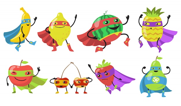 Free vector various superhero fruits flat icon set