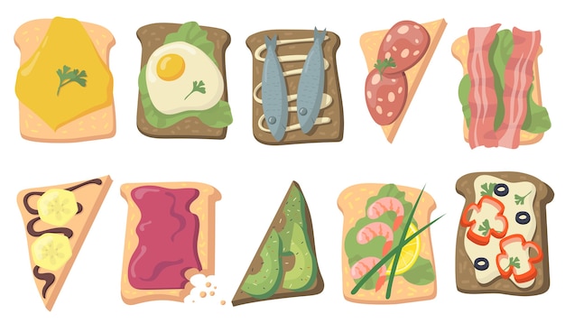 Various tasty toasts flat set for web design. Cartoon sandwich bread with eggs, fish, cheese, avocado slices, bacon isolated vector illustration collection. Healthy food and breakfast concept