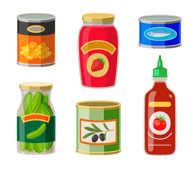 Free Vector various tinned food cartoon illustration set. canned fish, corn, jam, tomato sauce, olives, salted cucumbers in glass jars and tin cans isolated on white background. pantry, grocery, storage concept