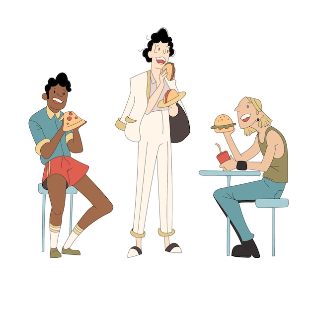 Free Vector various types of people eating fast food