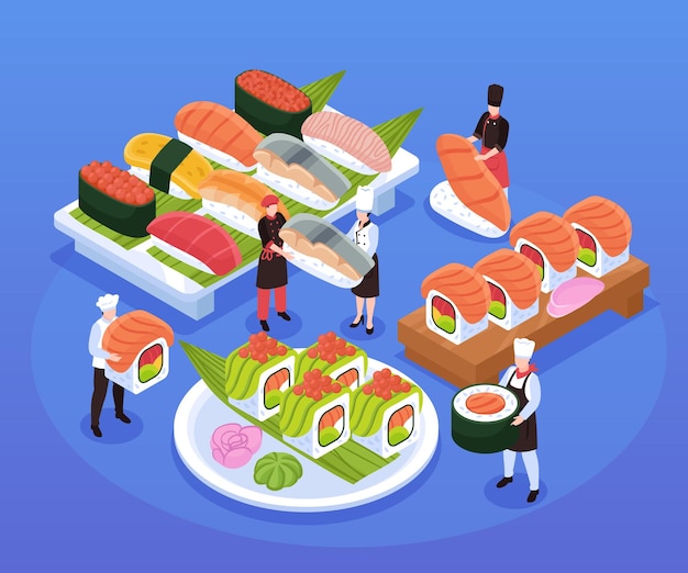 Free Vector various types of sushi and maki on trays and plate and tiny characters of chefs isometric composition on blue background vector illustration