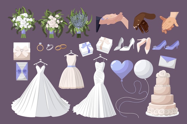 Free Vector various wedding accessories cartoon illustration set