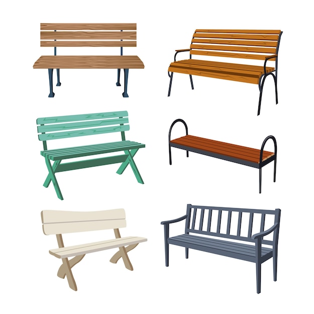 Free vector various wooden park benches cartoon illustration set. colorful garden or city benches for outdoor relaxation or public spaces decoration. furniture, urban beautification concept