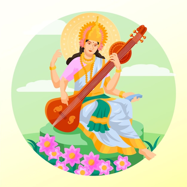 Vasant panchami festival saraswati goddess flat design