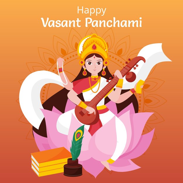 Vasant panchami illustration with saraswati goddess and veena