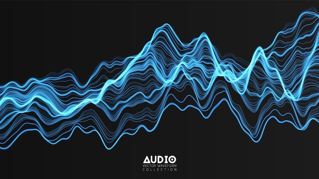 Vector 3d echo audio wavefrom spectrum Abstract music waves oscillation graph Futuristic sound wave visualization Blue glowing impulse pattern Synthetic music technology sample