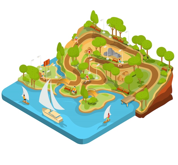 Vector 3D isometric illustration of cross section of a landscape park with a river, bridges, benches and lanterns.