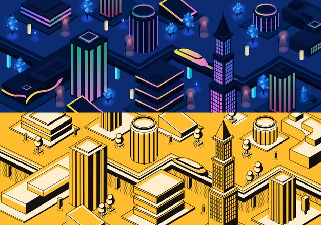 Free Vector vector 3d isometric modern city - metropolis in blue and yellow colors or town in line art style