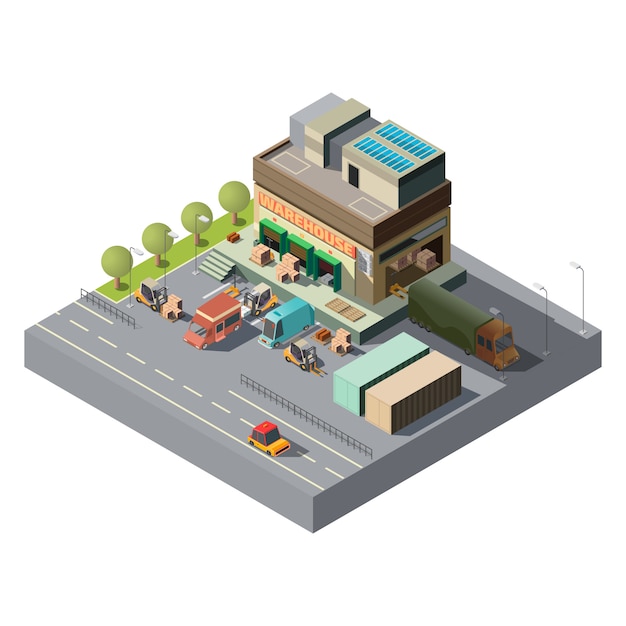 Vector 3d isometric warehouse, trucks for shipping