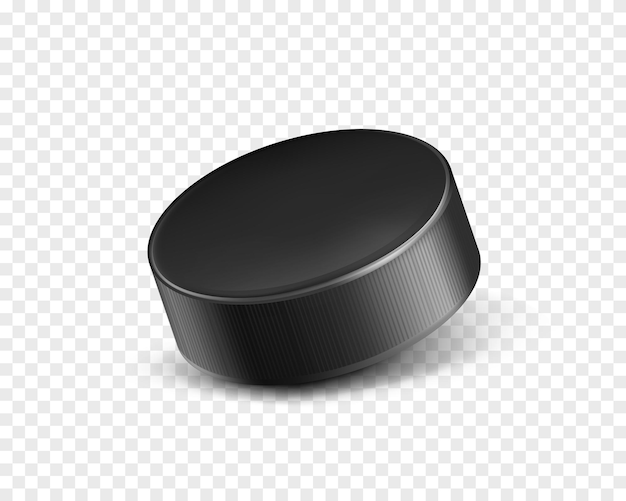 Vector 3d realistic black rubber puck closeup for play ice hockey isolated on transparent background. Sport equipment, inventory or hard round disk for team game on skating rink, competition.