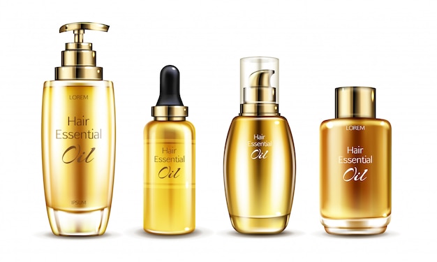 Free vector vector 3d realistic essence in golden glass bottle with pump dispenser. hair serums in different packaging