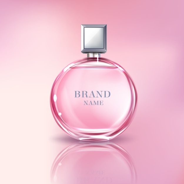 Free vector vector 3d realistic perfume bottle for women. shiny glass container with pink liquid