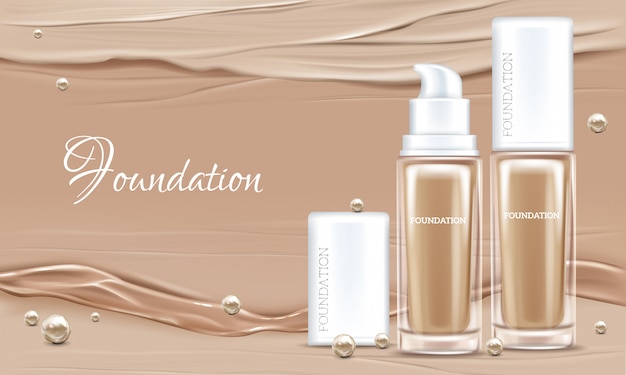 Free Vector vector 3d realistic poster with concealer, beige cosmetics product in glass package.