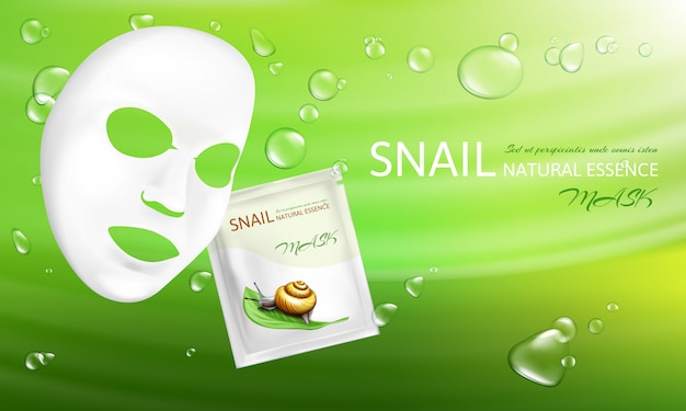 Vector 3d realistic white sheet facial cosmetic mask with snail mucus.