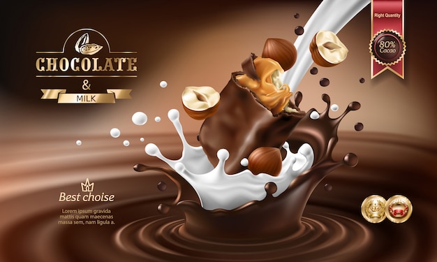 Free Vector vector 3d splashes of melted chocolate and milk with falling piece of chocolate bar.