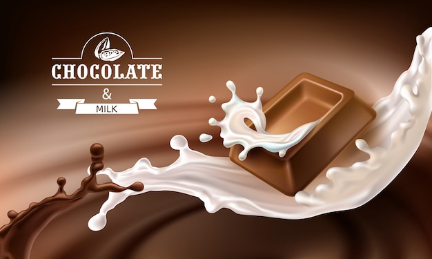 Free Vector vector 3d splashes of melted chocolate and milk with falling pieces of chocolate bars.