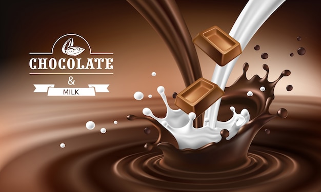 Free Vector vector 3d splashes of melted chocolate and milk with falling pieces of chocolate bars.