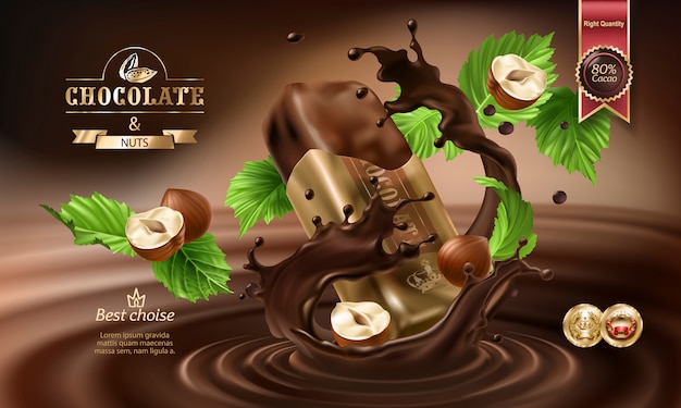 Free Vector vector 3d splashes of melted chocolate and milk with falling pieces of chocolate bars.