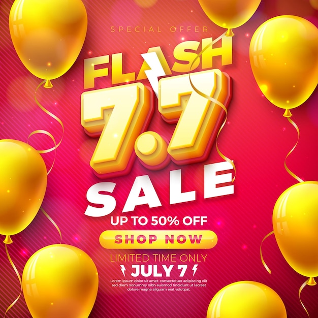 Vector 7 July Shopping Day Flash Sale Design with 7 7 Number and Party Balloon on Red Background