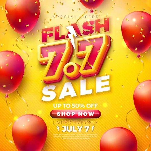 Vector 7 July Shopping Day Flash Sale Design with 7 7 Number and Party Balloon on Yellow Background