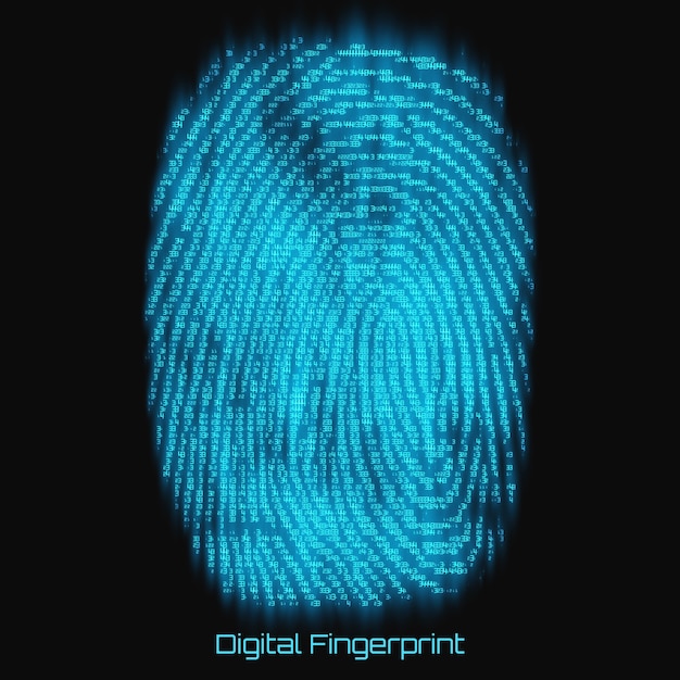 Vector abstract binary representation of fingerprint. Cyber thumbprint blue pattern composed of numbers with glow. Biometric identity verification. Futuristic sensor scan image. Digital dactylogram.