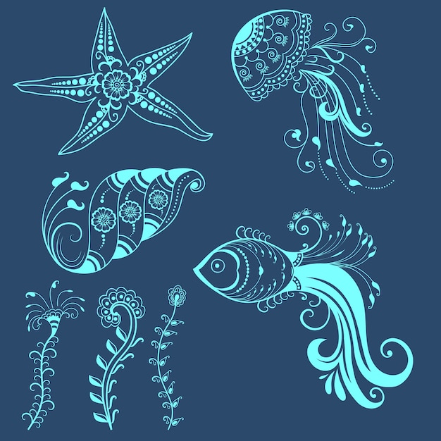 Vector abstract marine creatures in indian mehndi style. Abstract henna floral vector illustration. Design element.