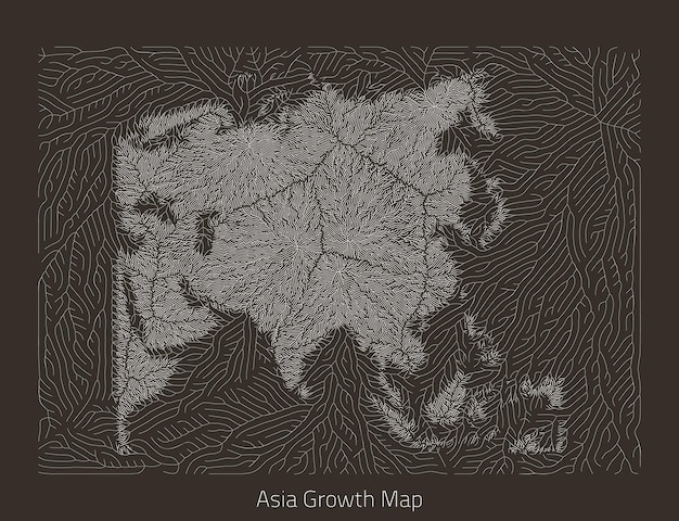 Vector Asia map Generative growth structure in form of continent Organic texture with geographic silhouettes