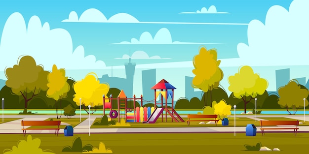 Vector background of cartoon playground in park at summer. Landscape with green trees, plants and bu