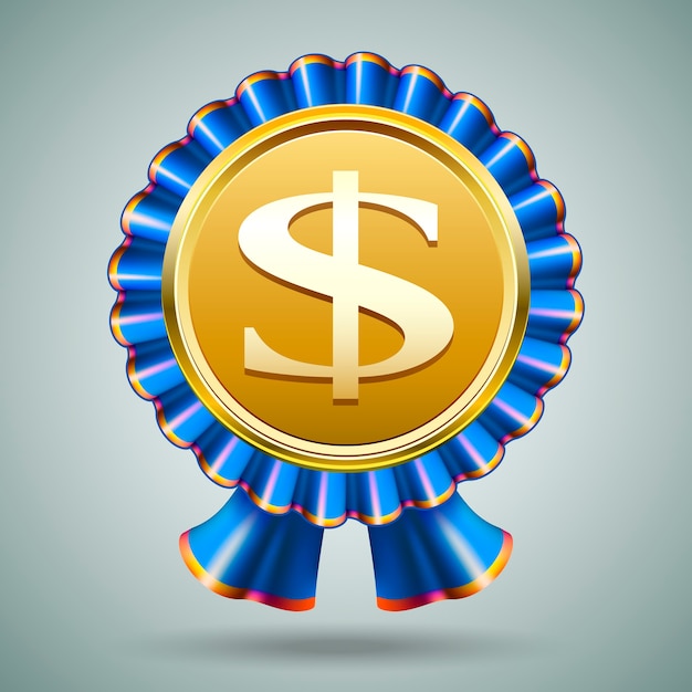 Free Vector vector badge with a dollar sign embossed on a metallic gold medallion in a pleated blue ribbon rosette on a grey background in a monetary  award  prize  or economic concept