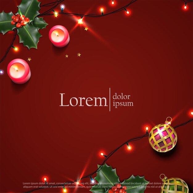 Vector banner illustration. advertisement template. Square background in red with christmas balls, l