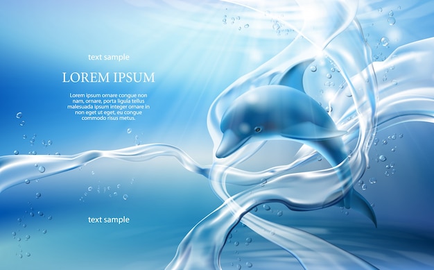 Free Vector vector banner with flows, bubbles of crystal clear water and dolphin on light blue background