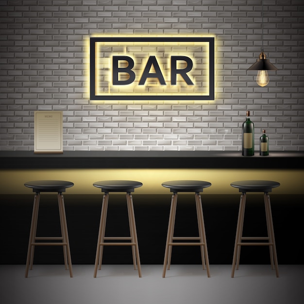 Free Vector vector bar, pub interior with brick walls, counter, chairs, bottles of alcohol,menu, illuminated signboard and lamp