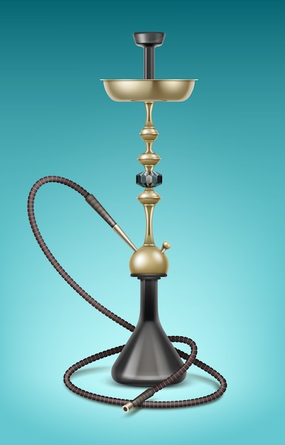 Vector big golden nargile for tobacco smoking made of metal with long hookah hose isolated on blue background